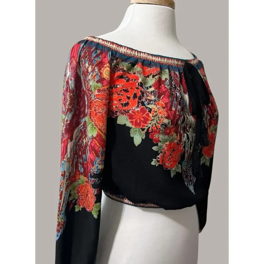 Flying Tomato Crop Top Black Off Shoulder Boho Festival Peasant Womens Sz M